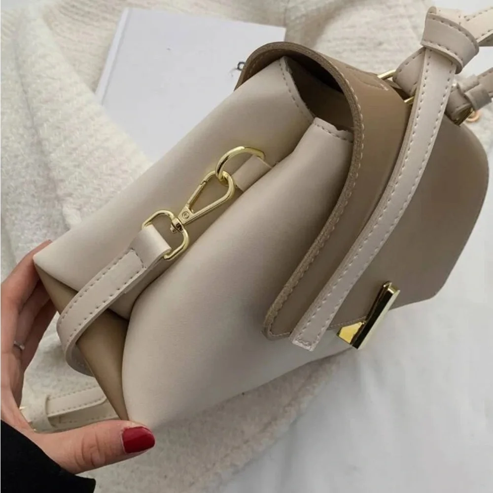 Cream Beige Two Tone Bag with Strap and Gold Clasp - Picture 5 of 7